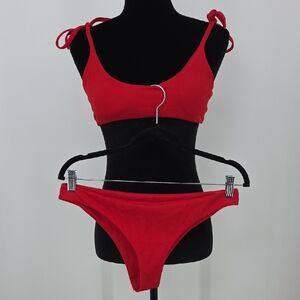 Zaful Red Ribbed Tie-Strap Bikini Set